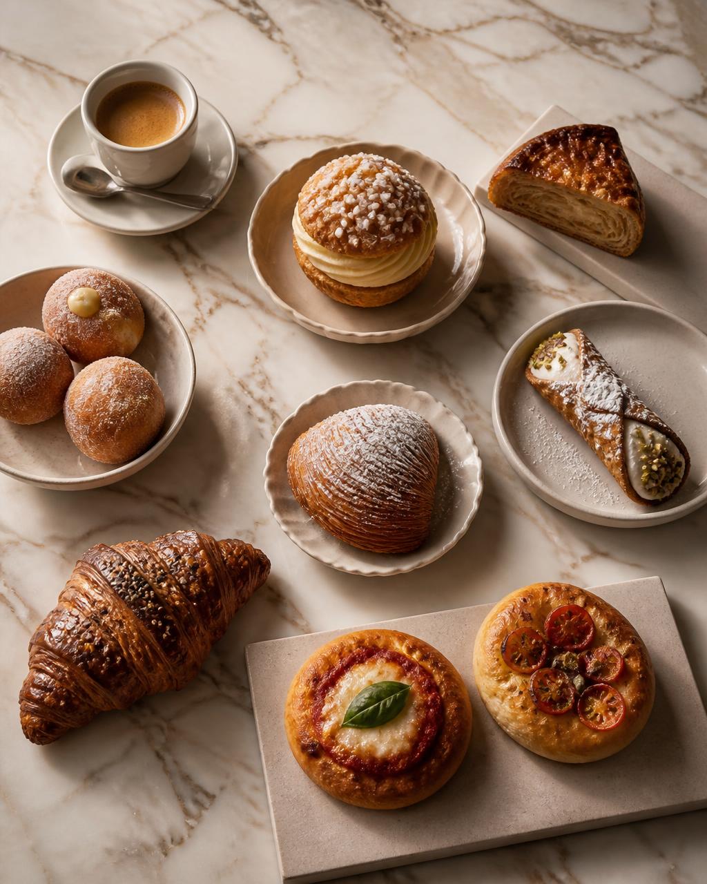 Selezione di specialità dolci e salate su marmo
